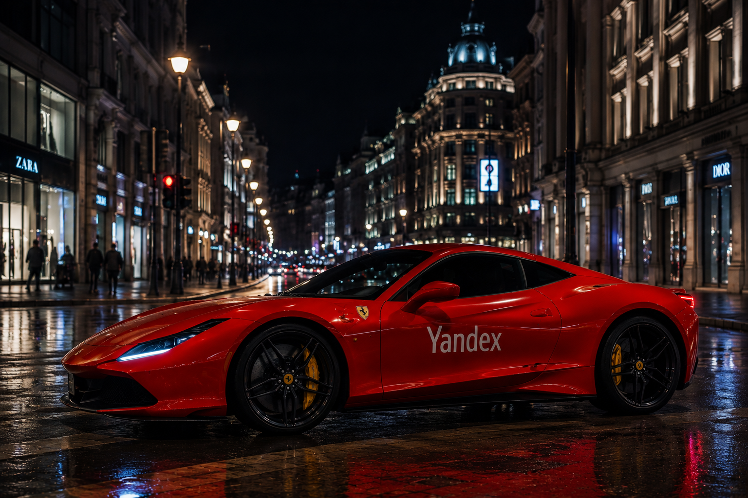 Red Ferrari with Yandex branding used in a Yandex Drive social media campaign